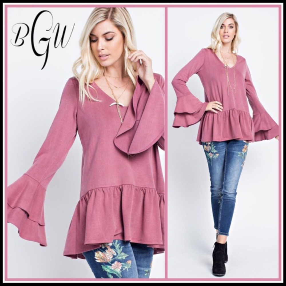 Washed French Terry Boho V-Neck Tunic w Ruffles - Picture 5 of 7